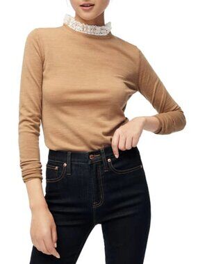 J. Crew Tippi Sweater With Lace Collar Detail Merino Wool Camel Brown Preppy M